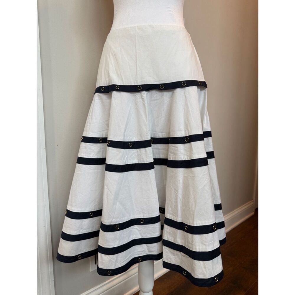 Cache White A-Line Midi Skirt with Navy Blue Stripes & Grommet Trim